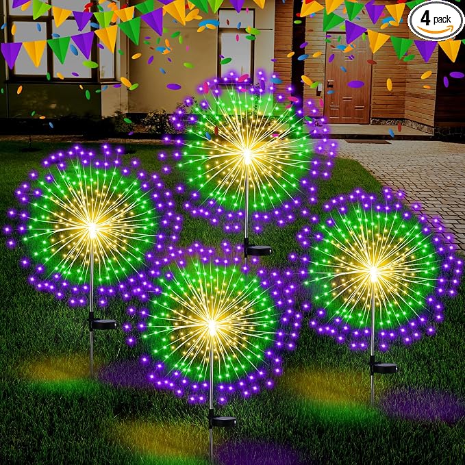 Tujoe Halloween Decoration Outdoor 4 Pack Solar Firework Light with 180 LED Halloween Solar Lights 8 Lighting Modes for Yard Garden Pathway Party Decoration(Green, Yellow, Purple)