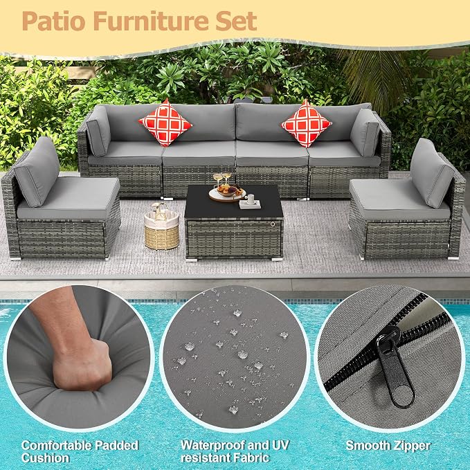 7 Piece Patio Furniture Set with Adjustable Bracket Grey Wicker Rattan Patio Conversation Sets Sectional Sofa Set with Table and Cushions for Porch Lawn Garden, Grey
