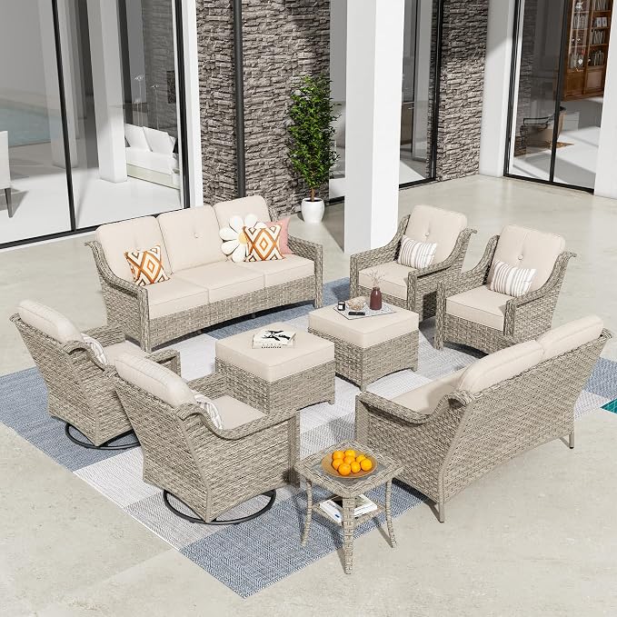 HOOOWOOO 9 Piece Patio Furniture Conversation Sets with Swivel Rocking Chairs,Outdoor Wicker Furniture with Ottoman,All Weather Resistant High Back Rattan Conversational Set(Beige Tan)
