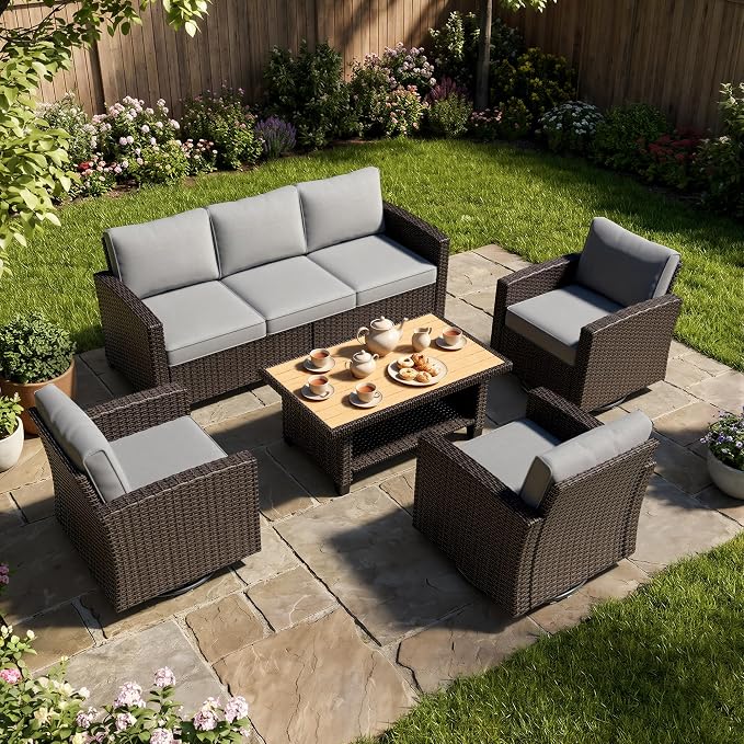 WWR Patio Furniture Set-30% Thicker Wicker-Luxury 5 Piece PatioWicker Outdoor Patio Conversation Set with Extra Wide & Thick Cushions, Swivel Rocking Chairs for Backyard, Porch & Deck