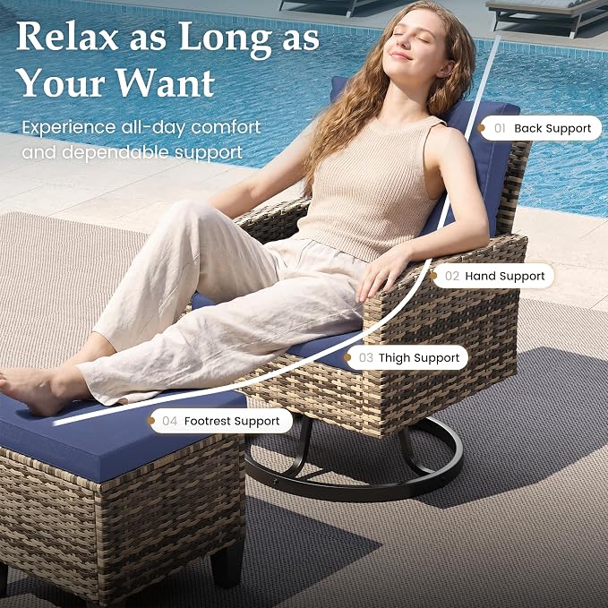 UDPATIO Patio Furniture Set, 6 Pieces Outdoor Conversation Sets with Swivel Chairs, All-Weather Wicker Rattan Patio Sofa with Ottomans and Glass Side Table for Backyard, Deck, Porch, Navy/Yellow