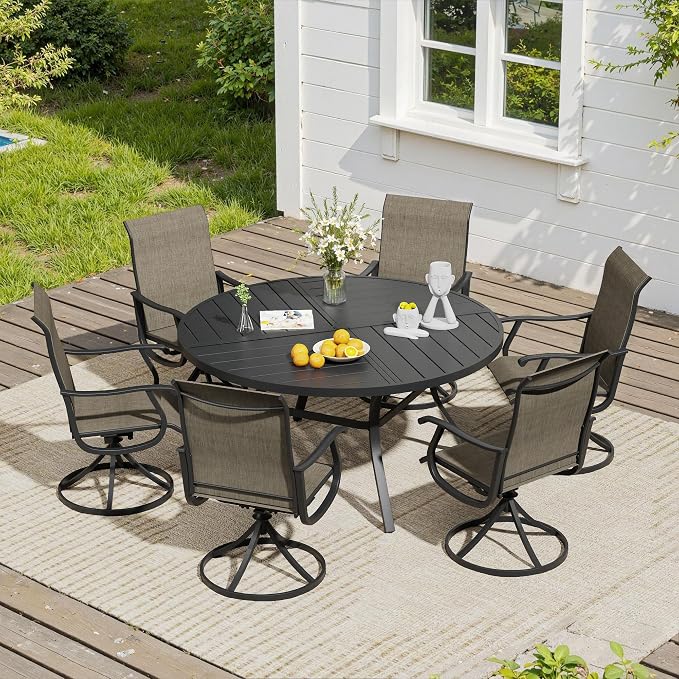 VICLLAX 7 Pieces Patio Dining Set, Patio Furniture Set of 6 Patio Swivel Dining Chairs and 50" Patio Spliced Round Tabletop, Mixed Brown Chairs & Black Tabletop