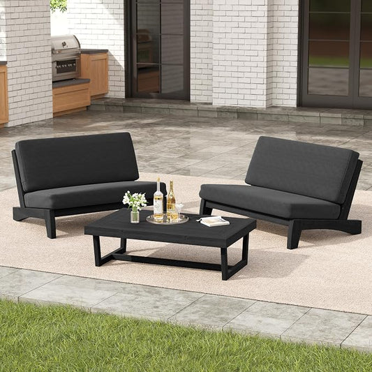 3 Pieces Patio Furniture Sets, All-Weather Outdoor Wood Bistro Set Patio Conversation Coffee Table Chiars and Patio Loveseat for Balcony, Backyard