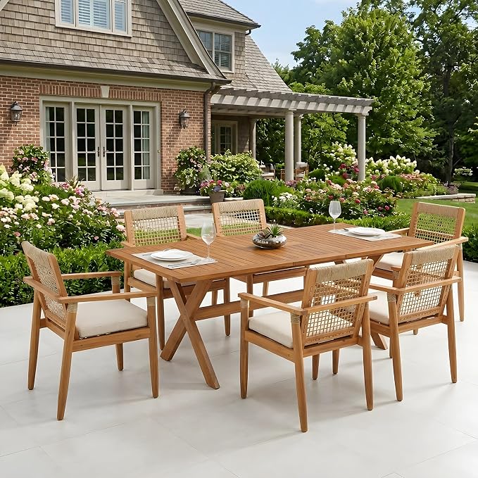 Christopher Knight Home Doca 7 Piece Acacia Wood Outdoor Dining Table Set for 6, Extendable Dining Table and 6 Patio Chairs with Cushion & Rope Accent, Wooden Outdoor Patio Furniture Set, Teak+Beige