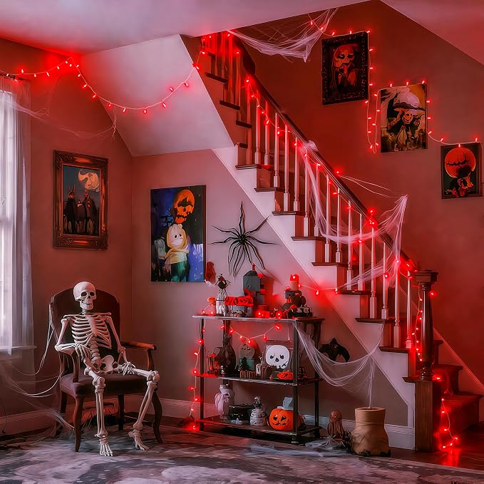 JMEXSUSS Connectable 33ft 100 LED Red Halloween String Lights Clear Wire | 8 Modes Room Red Lights Indoor Plug-in, Red Christmas String Lights Outdoor Waterproof for Xmas Bedroom, Party