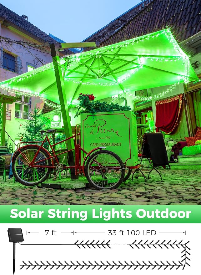 Minetom Solar String Lights Outdoor, 40FT 100 LED Green String Lights | Solar Powered String Lights for St Patrick Decoration with 8 Lighting Modes, Waterproof Solar Lights for Outside Tree, Green