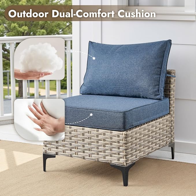 6 Pieces Patio Furniture Set with 42" Fire Pit, All-Weather Rattan Outdoor Sectional Conversation Sets L Shaped Sofas with Solar Light Coffee Table for Porch Balcony Backyard Denim Blue