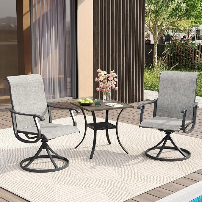 VICLLAX 3 Pieces Patio Dining Set for 2-28" Square Small Outdoor Table and 2 Patio Swivel Chairs for Lawn Garden, Grey Wood Grain Tabletop and Grey Fabric