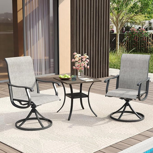 VICLLAX 3 Pieces Patio Dining Set for 2-28" Square Small Outdoor Table and 2 Patio Swivel Chairs for Lawn Garden, Grey Wood Grain Tabletop and Grey Fabric
