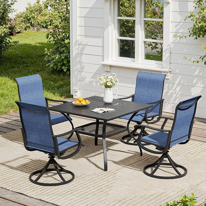 VICLLAX 5 Pieces Patio Dining Set, Patio Furniture Set of 4 Patio Swivel Dining Chairs and Square Patio Table with Storage Shelf, Navy Blue Chairs & Black Tabletop
