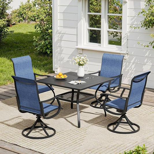 VICLLAX 5 Pieces Patio Dining Set, Patio Furniture Set of 4 Patio Swivel Dining Chairs and Square Patio Table with Storage Shelf, Navy Blue Chairs & Black Tabletop