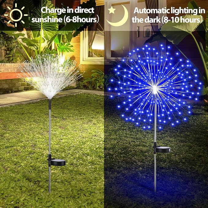 Tujoe 12 Pcs 4th of July Solar Firework Stake Lights 180 LED 8 Modes Solar Waterproof LED Sparkler Lights Outdoor Patriotic Decoration for Memorial Independence Day Garden Patio Yard(Red, Blue, White)