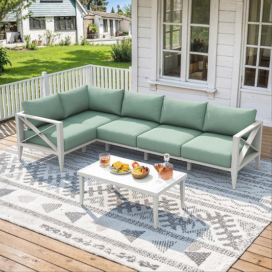 6-Piece Aluminum Outdoor Patio Furniture Set, Oversized Sectional Sofa with Corner Seat & Coffee Table, All-Weather Conversation Set for Backyard, Deck, Porch, or Balcony, White