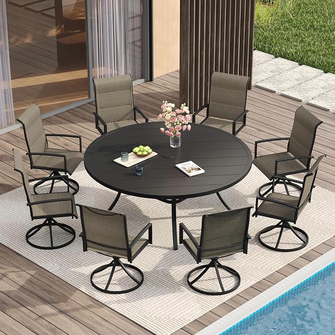 VICLLAX Outdoor Dining Set for 8, Outdoor Furniture Includes 60" Round Patio Table and Swivel Padded Chairs, Black Tabletop and Mixed Brown Fabric