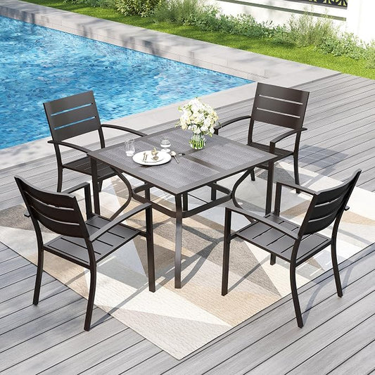 PHI VILLA Patio Dining Set for 4, Stackable Chairs& Square Metal Table | 37" Black Table&Stackable Wrought Iron Chairs,Outside Furniture Set for Deck, Porch, Backyard