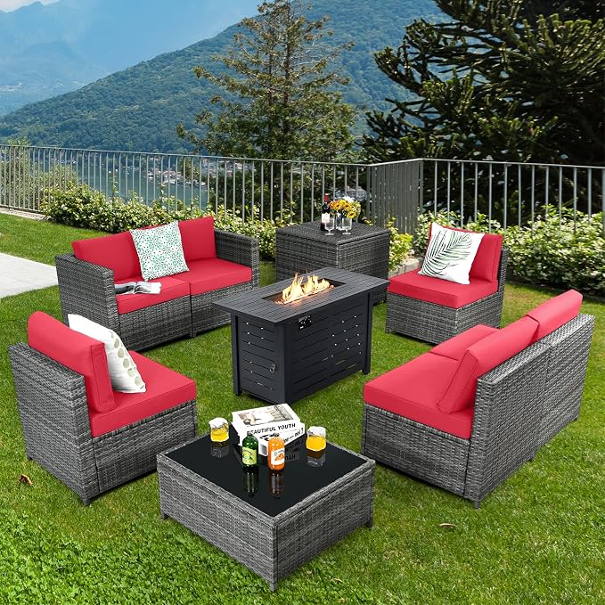 Tangkula 9 Pieces Patio Rattan Furniture Set, Patiojoy Sectional Sofa Set w/Fire Pit Table, Storage Box, Coffee Table, Outdoor Wicker Conversation Set w/ 42” ETL Approved Propane Fire Pit Table (Red)