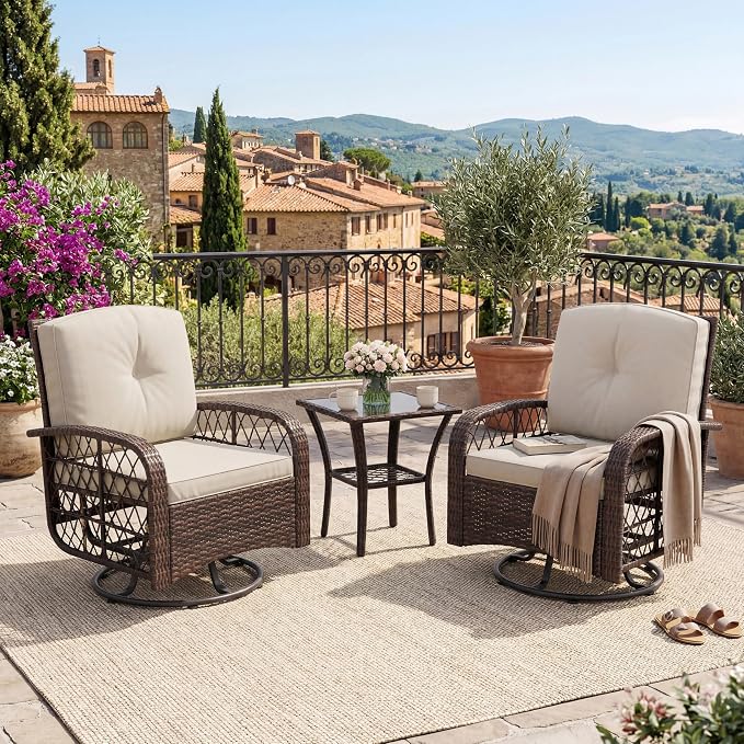 3 Pieces Patio Furniture Set, Outdoor Swivel Glider Rocker with Washable Cushions, Tempered Glass Tabletop Conversation Set for Deck, Porch, Balcony, Backyard, Garden, Brown & Beige