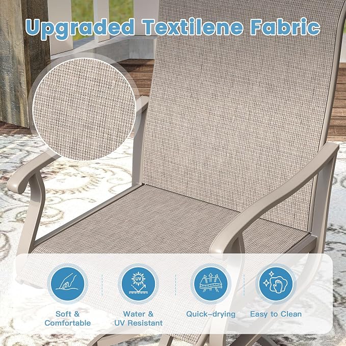 DIFY Patio Table and Chairs Set for 4, 5 Piece Outdoor Dining Set, 40.6" Grey Wood-Like Round Metal Dining Table with Umbrella Hole and 4 Sandshell Textilene Swivel Patio Chairs, for Garden Backyard