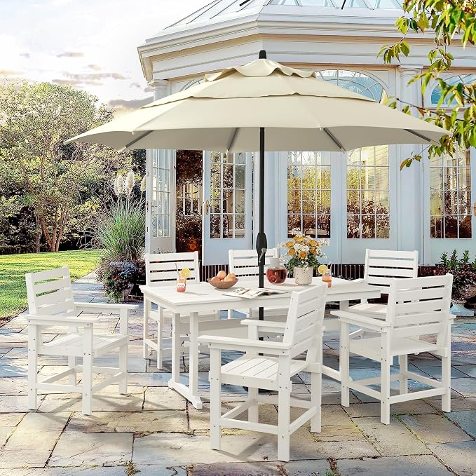 5 Piece Patio Dining Set, 66" Rectangle HDPS Weather Resistant Outdoor Table & 4 Patio Chairs Set with 1.96" Umbrella Hole, Heavy Duty Chairs for Backyard Balcony Deck, White