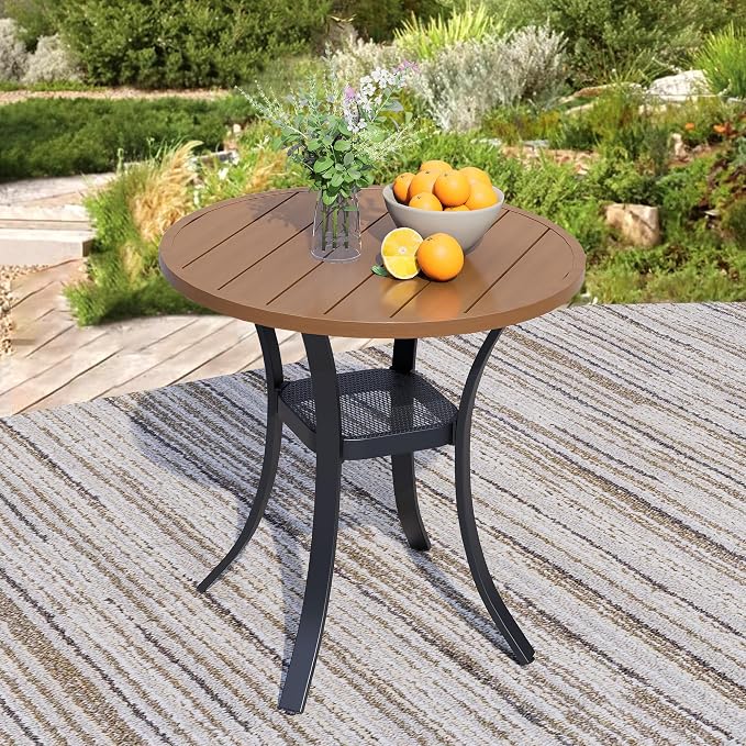 27.6" Round Patio Table, Metal Outdoor Dining Table for Garden, Backyard and Deck, Small Round Patio Dining Table for Outside, Walnut
