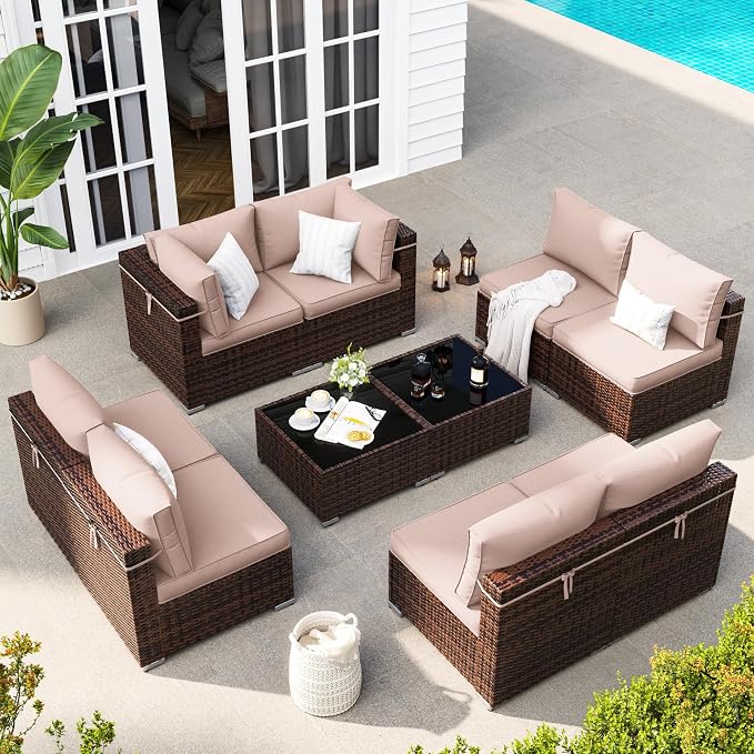 Patio Furniture Set, Modular 10-Piece Patio Conversation Sets with Coffee Table, All-Weather Wicker Outdoor Sectional for Backyard and Balcony, Beige (Waterproof Covers Included)
