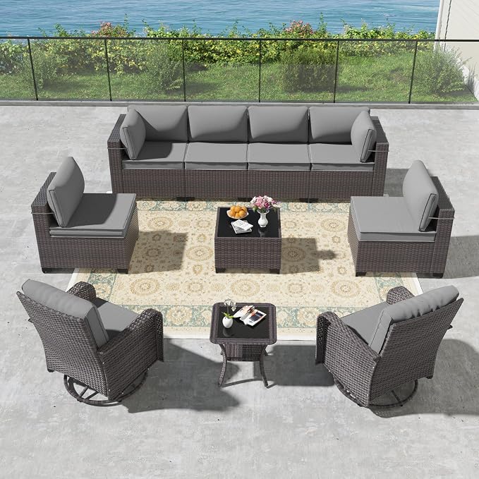 Kullavik 10PCS Outdoor Patio Furniture Set,PE Wicker Rattan Sectional Sofa Patio Conversation Sets with Tempered Glass Table,Swivel Rocking Chairs Set,Grey