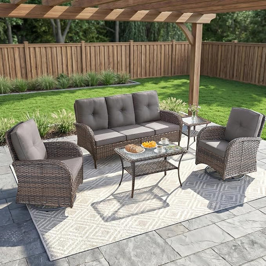 5 Piece Patio Furniture Set - Wicker Patio Conversation Set with Swivel Glider, 3 Seat Sofa, Tempered Glass Side Table and Coffee Table for Deck Backyard - Brown Wicker Grey Cushion