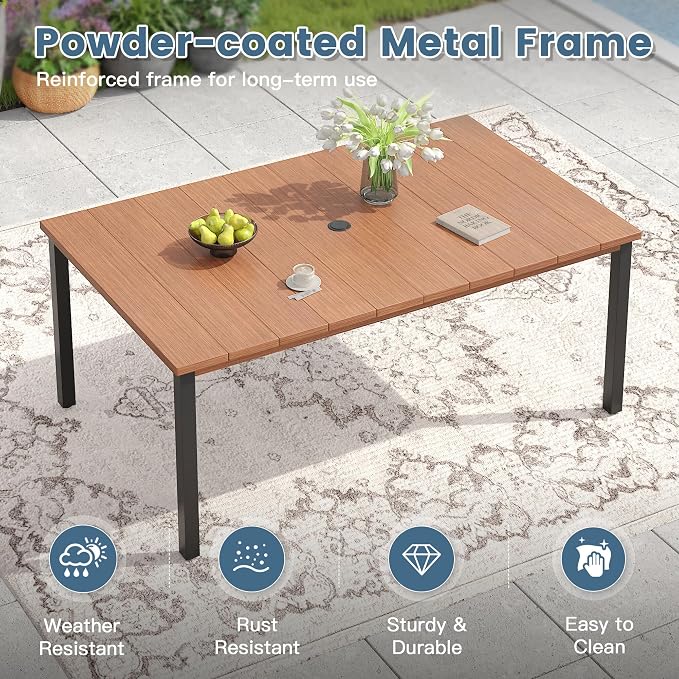 DIFY Outdoor Dining Set for 6, 7 Piece Patio Table and Chairs Set, Swivel Patio Chairs with Brown Textilene & 63" Walnut Rectangle Metal Dining Table with Umbrella Hole, for Garden Backyard Deck