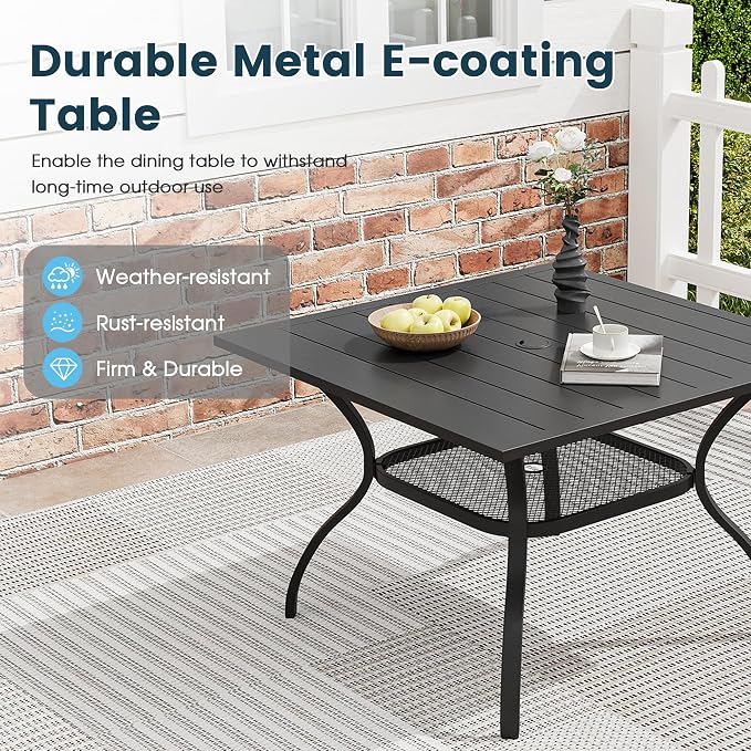 5 Pieces Patio Furniture Dining Set, 4 Textilene Swivel Dining Chairs, 38" Outdoor Square Metal Table with Storage Shelf and 1.57" Umbrella Hole, Outdoor Dining Set for Porch, Lawn, Black/Blue