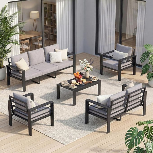 7-Seat Aluminum Patio Furniture Set, 5 Piece Outdoor Conversation Set with 4" Thick Washable Cushions & Coffee Table, Outdoor Sectional Sofa for Backyard, Deck, Porch, Poolside
