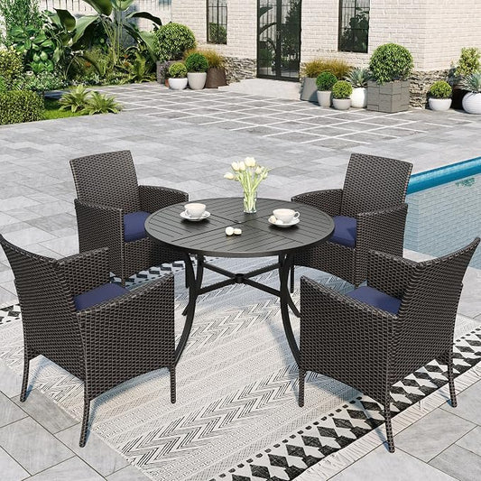 Sophia & William 5 Pieces Round Patio Dining Set, 42" Dia Round Outdoor Table with Umbrella Hole, 4 Rattan Chairs with Cushion, All Weather Patio Table and Chairs Set for 4