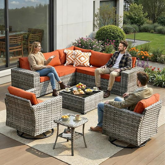 9 Pieces Patio Furniture Set, Wicker Outdoor Sectional Sofa with Swivel Chair Comfy Cushions, Modern Modular Deep Seat Rattan Couch Conversation Set for Backyard Porch Yard,Orange