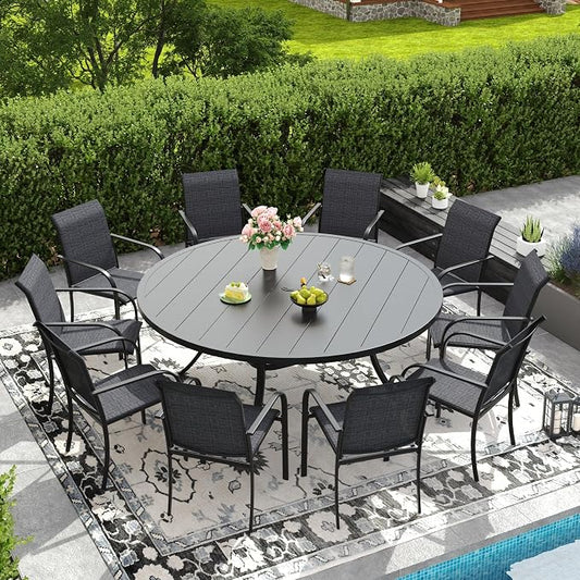 DIFY Patio Dining Set for 10, 11 Piece Outdoor Table and Chairs Set, 63" Black Round Metal Patio Dining Table and Grey Textilene Stackable Patio Chairs, for Backyard Garden Poolside