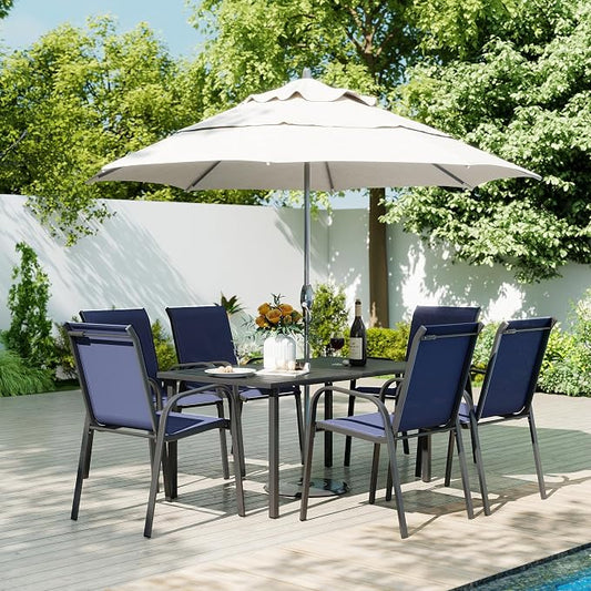 HAPPATIO Outdoor Patio Dining Set, 6 Quick Dry Textilene Dining Chairs and Dining Table with Umbrella Hole, Stackable Textilene Chairs for Garden, Patio and Poolside Backyard,Navy