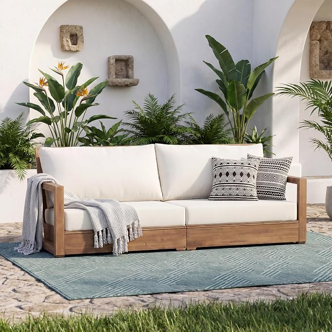 Christopher Knight Home 2-Piece Patio Furniture Set, 3-Seater Outdoor Sofa with Coffee Table, Acacia Wood Patio Couch Set with Cushions, Deep Seat Outdoor Patio Furniture for Porch Deck Garden, Brown