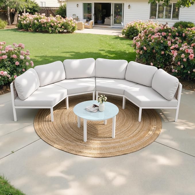 Crestlive Curved Patio Furniture Set, Modular Half Moon 4-Seater Sofa with Round Coffee Table, Aluminum Outdoor Sectional with 4.3" Cushions, All-Weather Couch for Backyard, Deck, Porch, Poolside