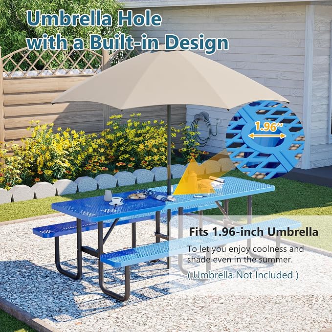 96" Heavy Duty Metal Picnic Table for 10 People, Outdoor Dining with Umbrella Hole, Galvanized Steel Rustproof Frame 882LBS Capacity, Mesh Top for Garden Patio Camping, Blue