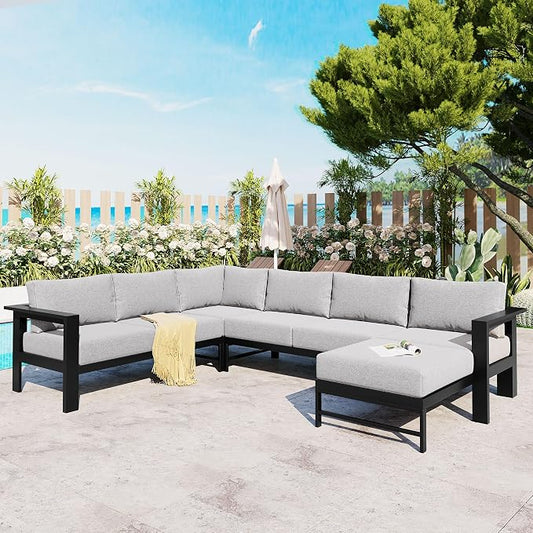 GDFStudio U-Shaped Outdoor Patio Furniture Set for 6, Iron Frame Patio Sectional Sofa with Thick Cushions, All Weather Modular Outdoor Couch Seating for Backyard Garden Balcony Deck Poolside, Grey