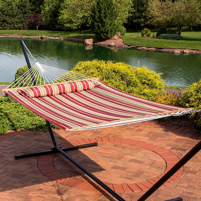 Sunnydaze Quilted Double Hammock for Outside with Spreader Bars and Pillow - 450 lb Capacity, 74x55 Inch Bed, UV Resistant, Quick Dry - Chains Included, Stand Sold Separately - Red Stripe