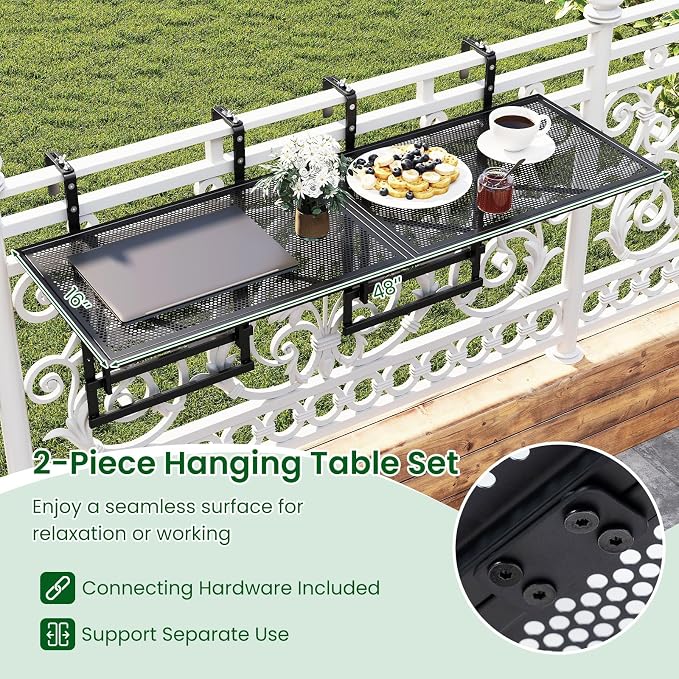 Tangkula Balcony Railing Table, 48" Outdoor Space-Saving Folding Hanging Table with 5-Level Adjustable Height, Metal Frame, Fits Railings Up to 1.5"-3.5" Thick for Patio, Porch, Deck