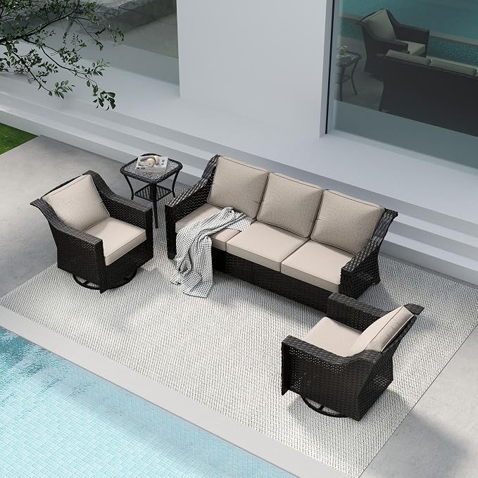 4 Pieces Patio Conversation Furniture Set - 1 Sofa, 2 Swivel Chairs, 1 Side Table, Outdoor Wicker Furniture with Removable Cushions for Porch, Balcony, Sunroom (Beige)