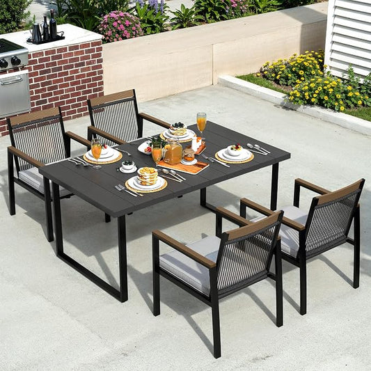 5-Piece Patio Dining Table and Chair Sets, Outdoor Metal Dining Furniture Set with Umbrella Hole, 4pcs Patio Chairs with Cushions for Backyard, Deck