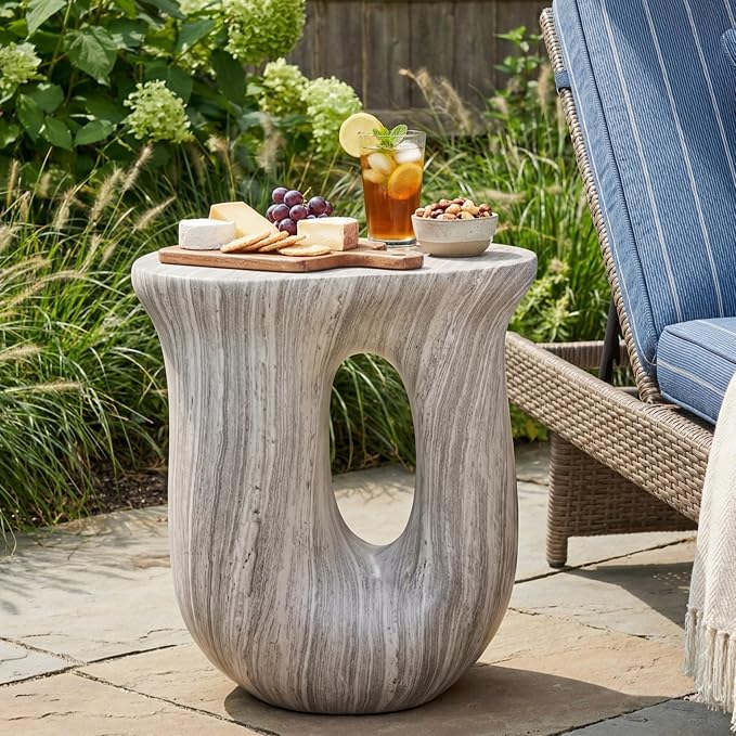 Merax 18.9" H Modern U-Shaped Accent Table, Sculptural Side Table for Garden, Balcony, Living Room, Entryway, Bedroom, Contemporary Organic Stone Side Table with Unique Veining, Gray Marble