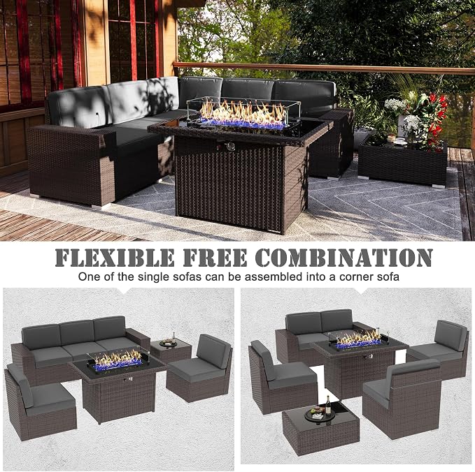 7 Pieces Patio Furniture Set with 44" Propane Gas Fire Pit Table, Outdoor Sectional Wicker Conversation Sofa Sets with Coffee Table