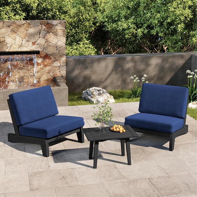 6 Piece Teak Outdoor Patio Frutnire Set, 7 Seater Patio Conversation Sets with Thick Cushions, Outdoor Sectional Furniture with Coffee Table - Navy Blue