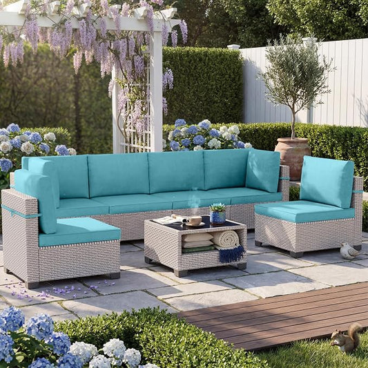 Patio Furniture Set, 7-Piece Outdoor Sectional Sofa with 2-Layer Glass Coffee Table, Wicker Patio Conversation Set with Cyan Cushions for Backyard, Poolside, Porch