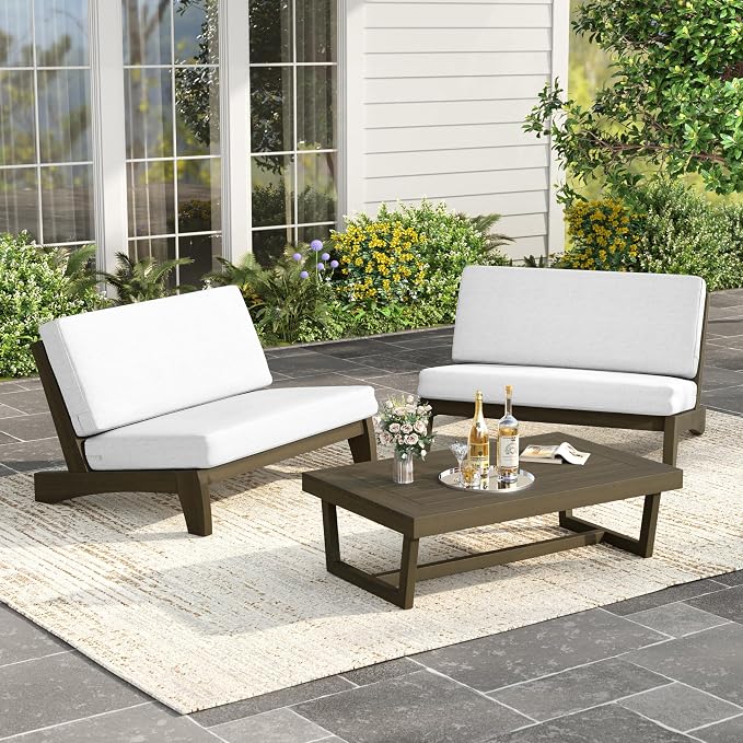 Wood Patio Furniture Sets, 3 Pieces All Weather Patio Loveseat Sofa Outdoor Sectional Futniture Backyard Conversation Set with Solid Wooden Coffee Table - Beige