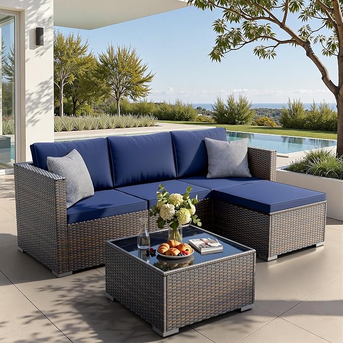 WWR Patio Furniture Set- All-Weather, Thick Cushions & Wide Armrests -5 Piece Outdoor Patio Conversation Couch Sets, Wicker Rattan Outdoor Sectional Sofa for Garden, Patio, Poolside