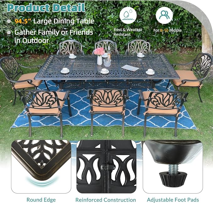 MEETWARM 94.5"x43.5" Cast Aluminum Patio Dining Table, All Weather Large Outdoor Dining Table for 8 Person, Patio Furniture Rectangular Table with Umbrella Hole and Adjustable Foot Pads, Dark Bronze