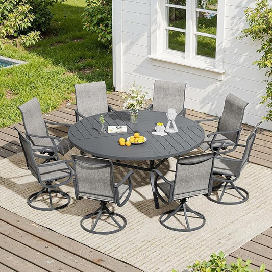 VICLLAX 9 Pieces Patio Dining Set, Patio Furniture Set of 8 Patio Swivel Dining Chairs and 60" Patio Spliced Round Tabletop, Grey Chairs & Dark Grey Tabletop